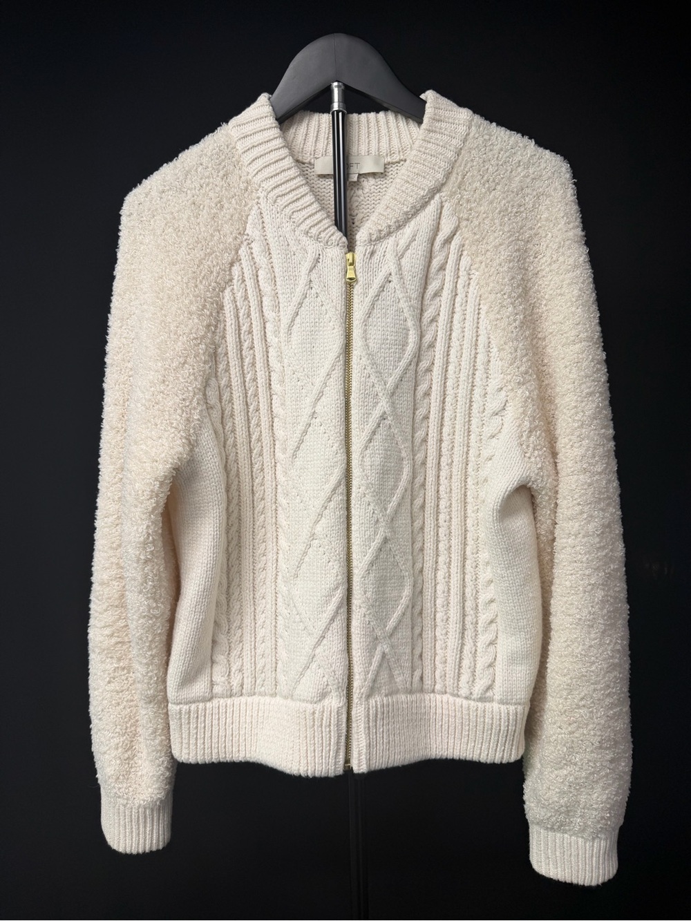 LOFT Cream Cable Zip-Front Cardigan Sweater w/ Faux Shearling Sleeves